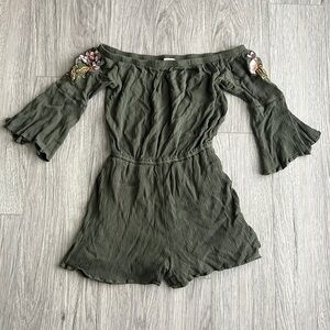 Love Fire Green and Floral Off the Shoulder Shorts Romper Size S